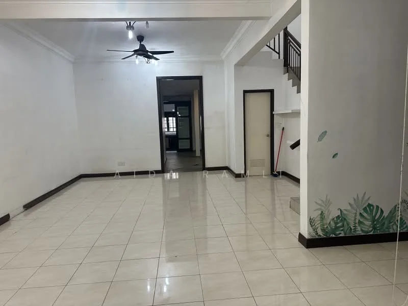 Living features: white painted walls, glossy ceramic tile flooring, ceiling fan, crown moulding, large windows, open layout, neutral colour scheme, decorative wall with plant motif; style: modern. Room features: white painted walls, glossy ceramic tile flooring, doorway leading to other rooms.