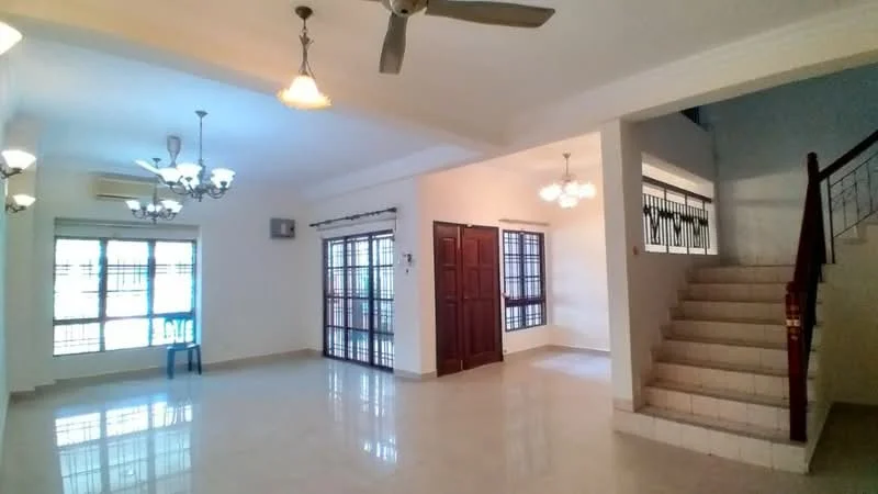 Living features: marble tile flooring, white painted walls, tray ceiling with chandelier, 5-blade ceiling fan, floor-to-ceiling windows, sliding glass door, window treatments, recessed downlights, open layout, staircase leading to upper floor; style: modern.