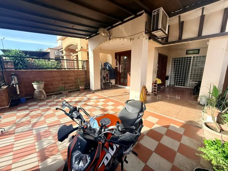 Room features: checkered tile flooring in red and white, exposed beams on ceiling, wall-mounted split AC unit, potted plants, motorcycle parked, outdoor seating area, decorative string lights, wooden door leading to interior space; style: modern; view: garden.