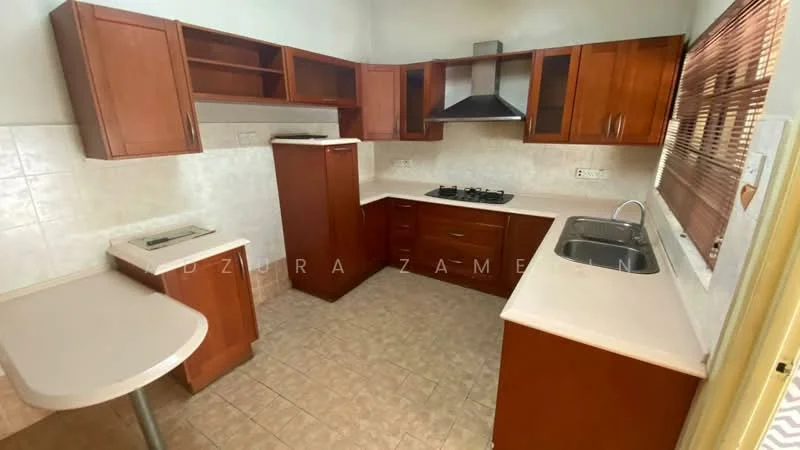 Kitchen features: brown wooden cabinetry, white countertop, stainless-steel sink, chrome pull-down faucet, built-in gas hob, exhaust hood, tile backsplash, ceramic tile flooring, window with wooden blinds, breakfast bar, wall-mounted cabinets; style: modern.