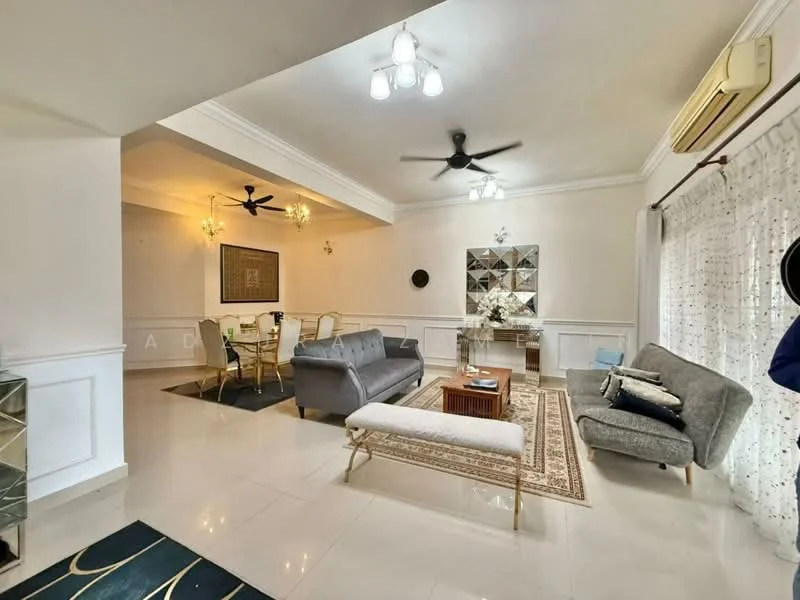 Living features: 5-blade ceiling fan with light, 2-seater grey fabric sofa, 3-seater grey fabric sofa, coffee table with wooden top, area rug with geometric pattern, wall-mounted TV, decorative mirror, white painted walls with crown moulding, recessed downlights, floor-to-ceiling windows with sheer curtains, marble tile flooring; style: modern. Dining features: 6-seater dining table, upholstered dining chairs, chandelier, white painted walls with crown moulding, marble tile flooring; style: modern.