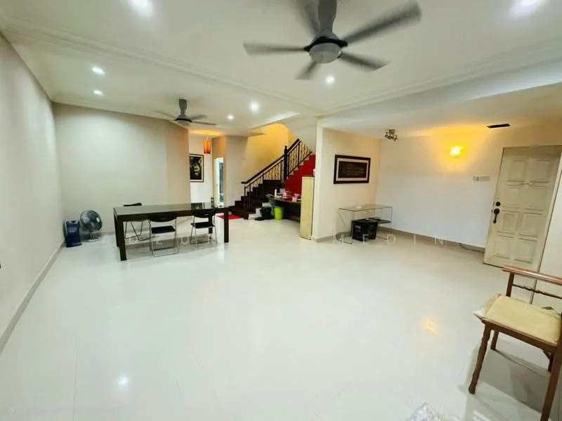 Living features: white painted walls, polished tile flooring, recessed downlights, 2 ceiling fans, large windows, staircase in background, dining table, wooden chair, decorative wall art, glass console table, fan, light fixture; style: modern.