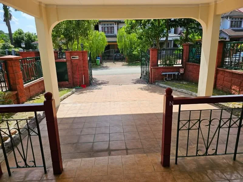 Exterior type: linked terrace house; features: paved walkway, red brick fence, greenery with trees, gated entrance, open porch area, front yard, driveway, street view, visible neighboring houses; style: modern.