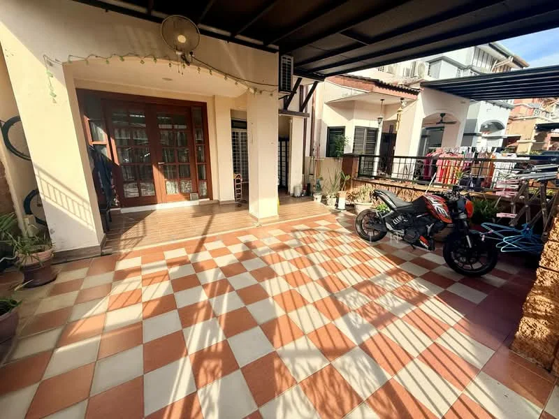 Exterior type: linked terrace house; features: tiled flooring with checkerboard pattern, covered porch area, wooden double doors, potted plants, motorcycle parked, outdoor furniture, decorative string lights, exposed beams on ceiling; style: modern.