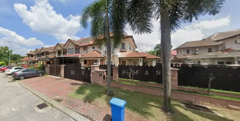 Exterior type: linked terrace house; features: two-storey linked terrace houses, red brick facade, pitched tile roof, manicured lawn, paved driveway, black perimeter fence, palm trees, surrounded by greenery, car parking spaces, front porch area; style: modern.