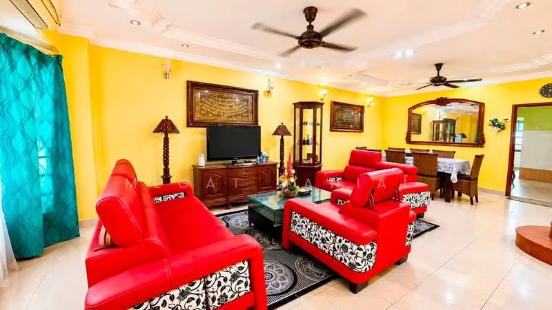 Living features: red leather sofas, black and white patterned armchairs, black area rug with intricate design, wooden TV console, flat-screen TV, ceiling fan with light, recessed downlights, decorative wall mirrors, yellow painted walls, crown moulding, glass display cabinet, dining table in background, window with sheer curtains; style: contemporary.