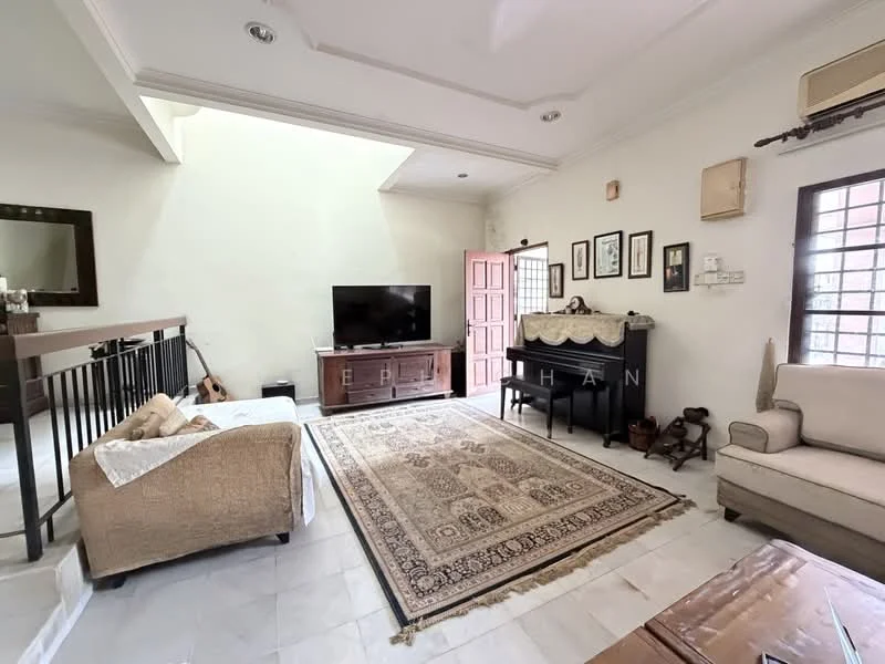Living features: cream painted walls, white ceiling with crown moulding, marble flooring, area rug with intricate pattern, 3-seater fabric sofa in beige, wooden coffee table, TV console, wall-mounted TV, decorative mirror, piano, wooden side table, large window with grille, double-door entrance, ac unit on wall; style: traditional.