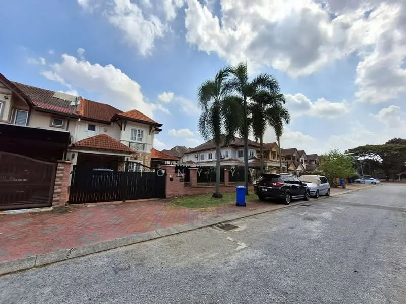 Exterior type: linked terrace house; features: red brick facade, pitched tile roof, manicured lawn, palm trees, stone-paved walkway, driveway with interlocking pavers, two-storey, gated entry; style: modern.