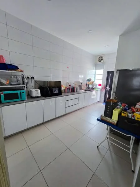 Kitchen features: white cabinetry, grey countertop, stainless-steel fridge, built-in microwave, ceramic tile flooring, white tiled walls, kitchen sink, kitchen island with seating, window with natural light, various kitchen appliances, open shelving, wall-mounted air conditioning unit; style: modern.