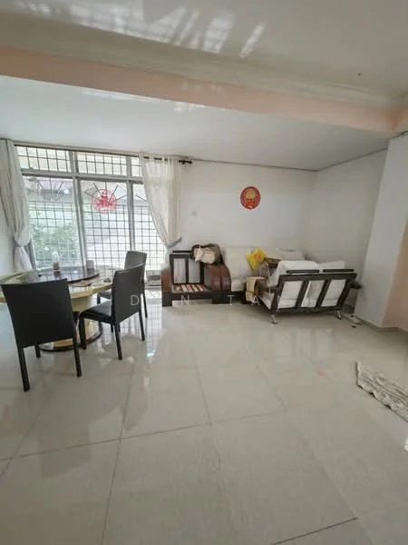 Living features: large windows with grid pattern, white walls, cream ceiling, tile flooring, sofa with cushions, wooden coffee table, dining table with four black chairs, decorative wall art, sheer curtains, natural light from windows; style: modern; view: garden.