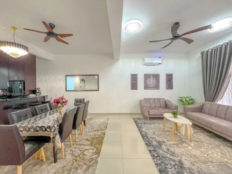 Living features: 3-seater fabric sofa in light grey, 2-seater fabric sofa in light grey, coffee table with wooden legs, area rug with geometric pattern, 5-blade ceiling fan with light, recessed downlights, floor-to-ceiling windows with sheer curtains, decorative wall art, indoor plant in ceramic pot; style: modern. Dining features: 6-seater dining table with dark wood finish, upholstered dining chairs in black, tablecloth with floral pattern, chandelier light fixture, wall-mounted mirror, decorative vase with flowers; style: modern. Kitchen features: black cabinetry, stainless-steel appliances, open layout to living and dining areas; style: modern.