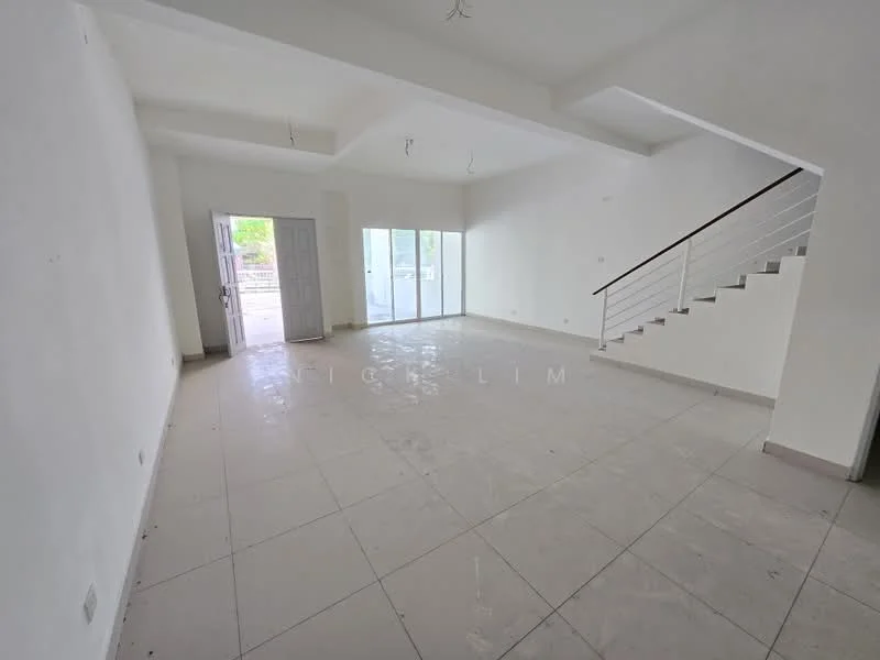 Room features: white painted walls, tile flooring, large windows, sliding glass door, staircase with metal railing, high ceiling, no visible furniture, neutral color scheme; style: modern; view: garden.