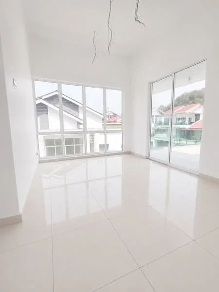 Room features: white painted walls, glossy beige tile flooring, floor-to-ceiling windows, sliding glass door, natural light, high ceiling, minimalist design, no visible furniture; style: modern; view: city.