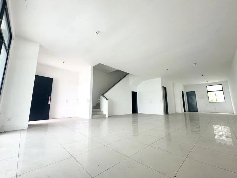 Room features: white painted walls, polished ceramic tile flooring, large windows, staircase, multiple doorways, open layout, high ceiling, natural light; style: modern.
