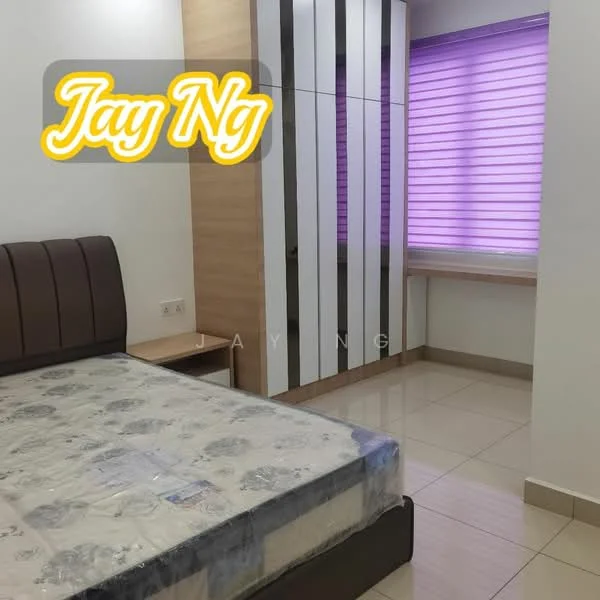 Bedroom features: queen-size bed with upholstered headboard, built-in wardrobe with sliding doors, purple window blinds, cream painted walls, glossy tile flooring, window with sill, light fixture on ceiling, nightstand beside bed; style: modern.