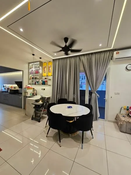 Dining features: round dining table, black upholstered dining chairs, 5-blade ceiling fan with light, grey curtains, white tiled flooring, recessed LED downlights, kitchen cabinetry, countertop with appliances, wall-mounted air conditioning unit, decorative items on countertop; style: modern.