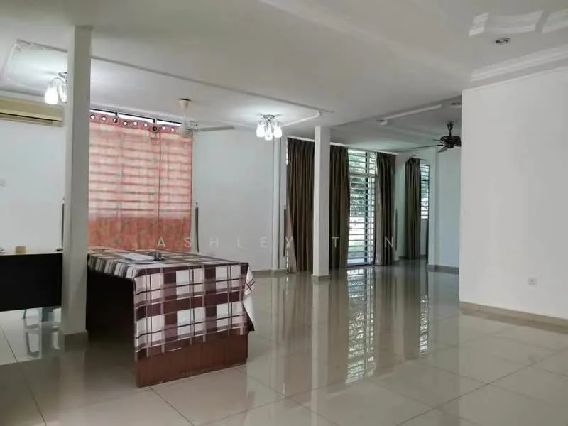 Living features: white painted walls, glossy ceramic tile flooring, recessed downlights, 2-blade ceiling fan, large windows with sheer curtains, curtains in brown, dining table with checkered tablecloth, open layout; style: modern. Room features: white painted walls, glossy ceramic tile flooring, large windows, 2-blade ceiling fan.