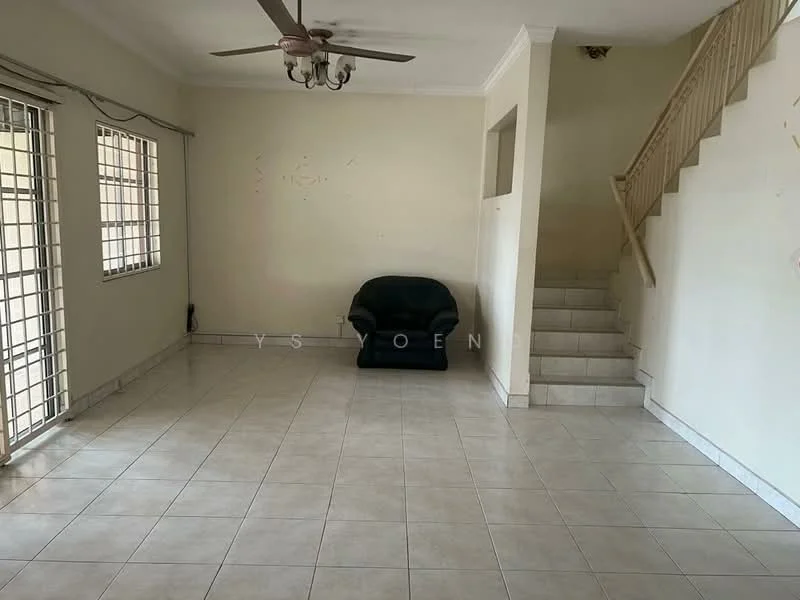 Living features: cream painted walls, white ceiling with crown moulding, 5-blade ceiling fan with light, floor-to-ceiling windows with metal grills, tiled flooring, staircase leading to upper floor, black leather sofa, open layout; style: modern.