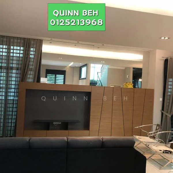 Living features: grey fabric sofa, wooden TV console, large wall-mounted mirror, built-in cabinetry with wood finish, recessed ceiling lights, floor-to-ceiling windows, sheer curtains, decorative wall paneling; style: modern.