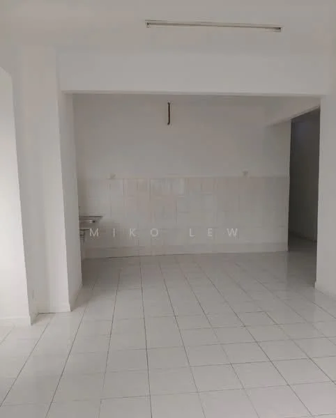 Room features: white painted walls, white tiled flooring, single-bowl stainless-steel sink, wall-mounted faucet, plain ceiling, no visible appliances, no visible furniture, open layout; style: minimalist.