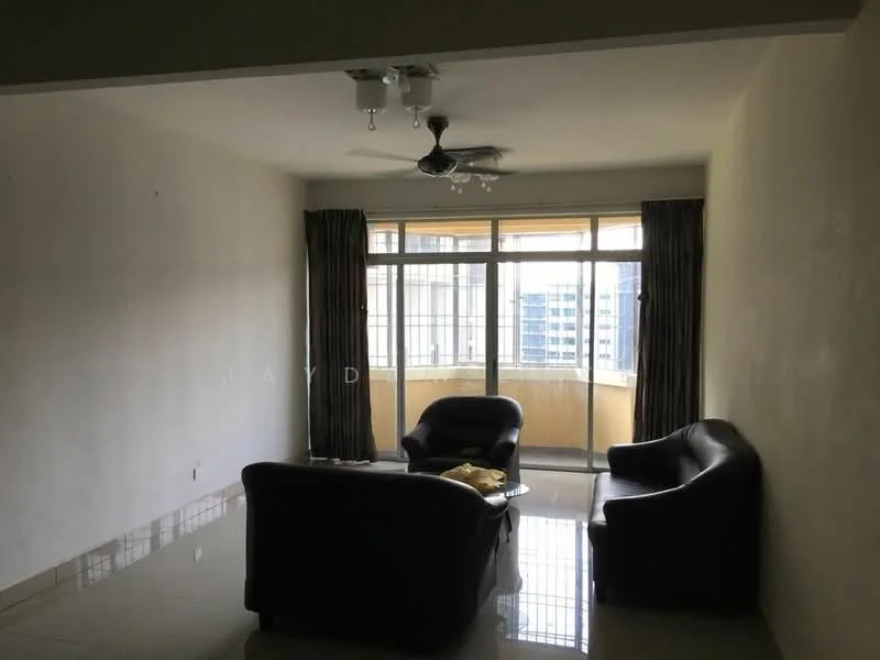 Living features: floor-to-ceiling windows, sliding glass door, curtains, 5-blade ceiling fan with light, 2 black leather sofas, coffee table, glossy tiled flooring, neutral painted walls; style: modern; view: city.