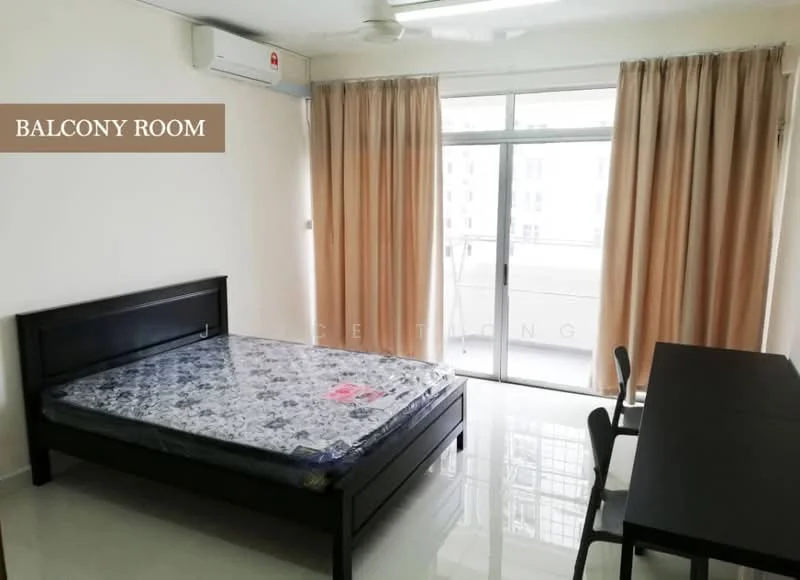 Balcony features: queen-size bed, black wooden bed frame, white bedding with floral pattern, floor-to-ceiling sliding glass door, sheer curtains, light-colored walls, white tiled flooring, ceiling fan, black dining table, black chairs; style: modern.