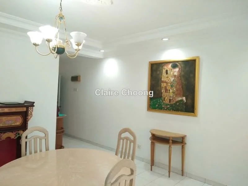 Dining features: round dining table with marble top, upholstered dining chairs, chandelier with multiple bulbs, white painted walls, recessed downlights, decorative artwork on wall, ceramic tile flooring, crown moulding on ceiling; style: modern.