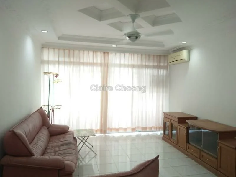 Living features: 3-seater leather sofa in pink, coffee table, TV console, wall-mounted split AC, floor-to-ceiling windows with sheer curtains, white painted walls, glossy tile flooring, recessed downlights, ceiling fan with light, decorative ceiling with crown moulding; style: modern.