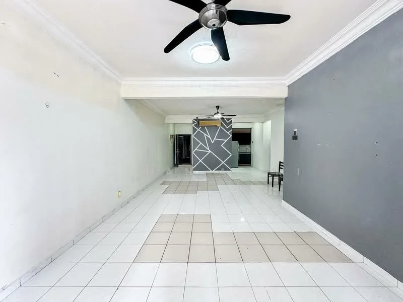 Living features: white painted walls, grey accent wall, tile flooring, ceiling fan, recessed ceiling light, open layout, decorative wall design, natural light from windows; style: modern. Kitchen features: tile flooring, open layout, kitchen area visible in background; style: modern.