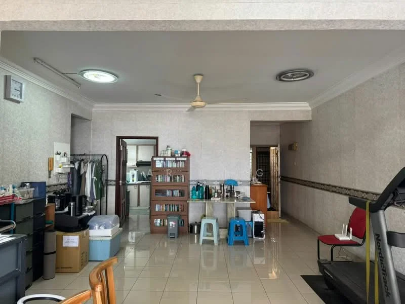 Room features: white painted walls, glossy tile flooring, ceiling fan, recessed ceiling lights, wooden shelving unit, plastic stools, treadmill, kitchenette area with sink, various bottles and containers on shelves, dining table with chairs, doorway leading to another room; style: modern.