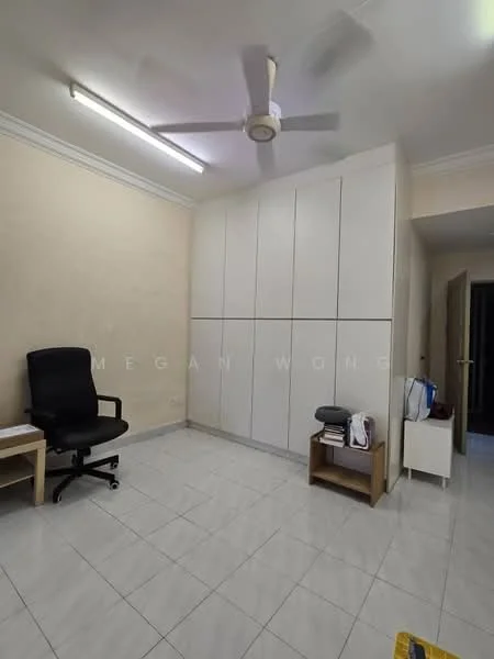 Room features: white painted walls, white ceiling, tile flooring, 5-blade ceiling fan, built-in wardrobe with sliding doors, office chair, small wooden side table, doorway leading to another room; style: modern.