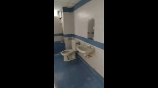 Bathroom features: white ceramic toilet, white sink, mirror, blue tiled walls, blue tiled flooring, wall-mounted faucet, toilet paper holder, light fixture, ventilation window.