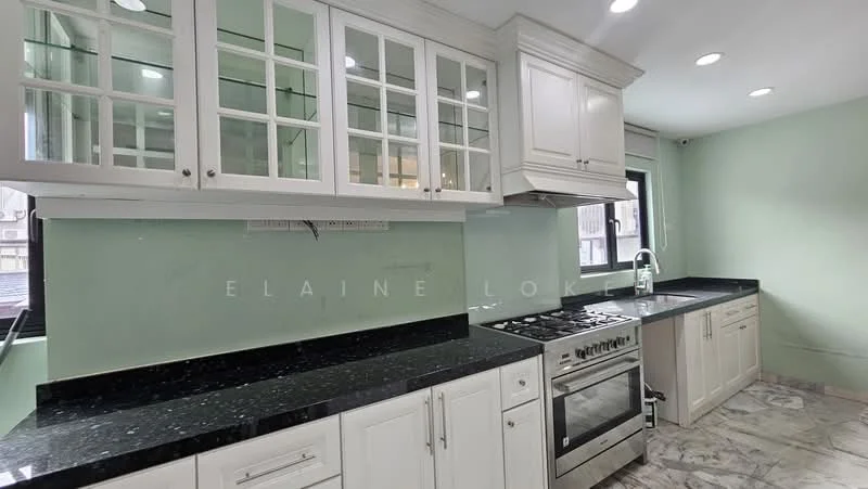 Kitchen features: white shaker cabinets, black granite countertop, stainless-steel gas range, stainless-steel oven, glass-front upper cabinets, marble tile flooring, green painted walls, recessed downlights, window for natural light; style: modern.