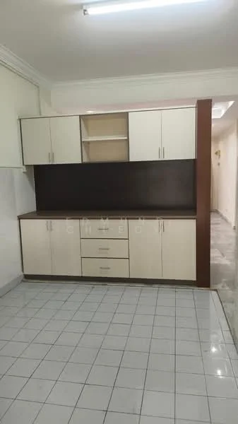 Room features: white cabinetry with upper and lower storage, dark wood accent panel, grey tiled flooring, white walls, built-in shelving, drawer storage, countertop surface, light fixture on ceiling; style: modern.