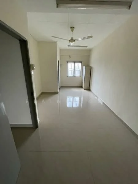 Room features: white painted walls, glossy tile flooring, ceiling fan, window with grille, single door, built-in wardrobe, neutral color scheme, natural light from window; style: modern.