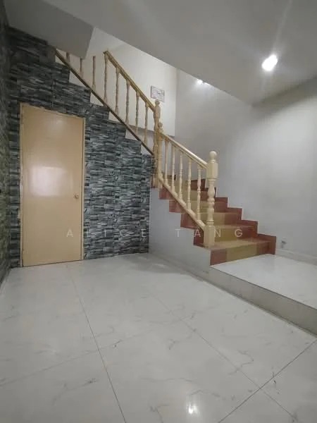Room features: marble tile flooring, white painted walls, stone accent wall, wooden staircase with balustrade, recessed downlights, door with cream finish, stair landing with step-up, neutral color scheme; style: modern.