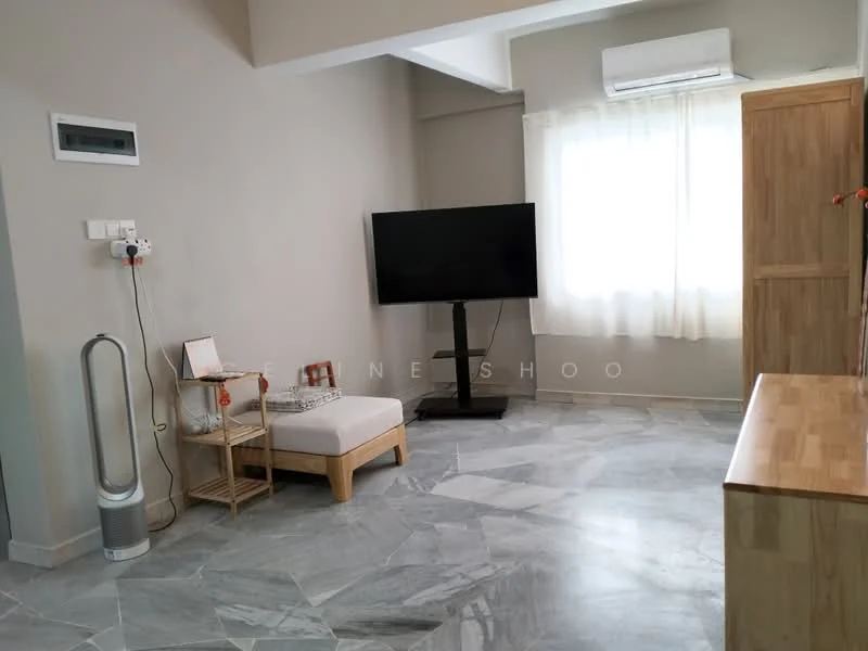 Living features: grey painted walls, marble flooring, floor-to-ceiling window with sheer curtains, wall-mounted TV, wooden TV console, light wood side table, air conditioning unit, decorative floor lamp; style: modern.