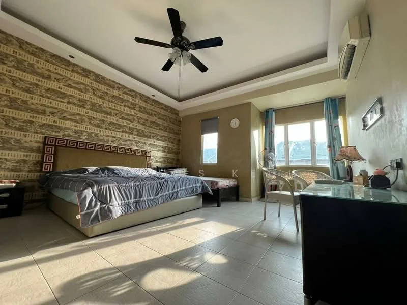 Bedroom features: king-size bed with upholstered headboard, ceiling fan with light, wall-mounted air conditioning unit, decorative wall with patterned wallpaper, cream painted walls, tile flooring, window with sheer curtains, nightstand with lamp, side chair, clock on wall; style: modern; view: city.