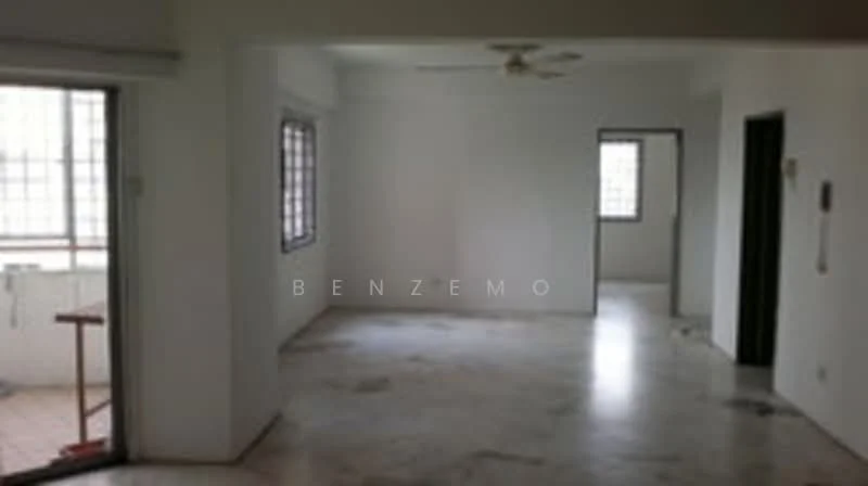 Room features: white painted walls, marble flooring, ceiling fan, multiple windows, open layout, natural light, doorway to another room, doorway to balcony.