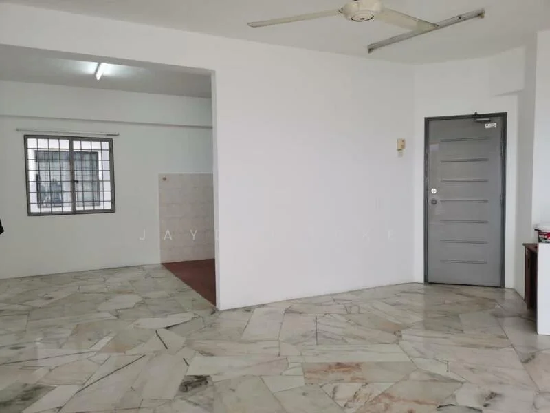 Room features: marble flooring, white painted walls, ceiling fan, window with security bars, door with multiple panels, light fixture on ceiling, corner of room with no visible furniture.