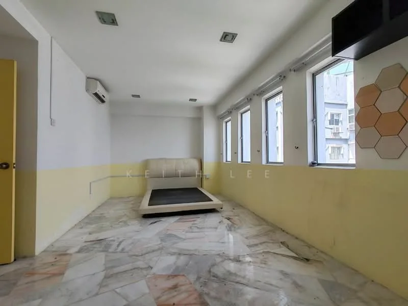 Room features: marble flooring, yellow painted walls, white walls, floor-to-ceiling windows, 1 wall-mounted split AC, recessed downlights, empty space, minimalist decor; style: modern; view: city.