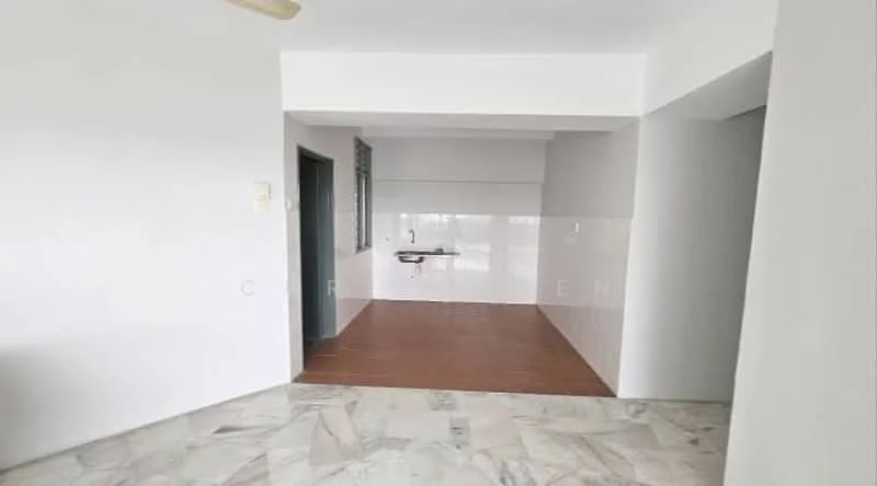 Room features: white painted walls, marble flooring, ceiling fan, large windows, open layout, tile backsplash, wooden door, natural light.