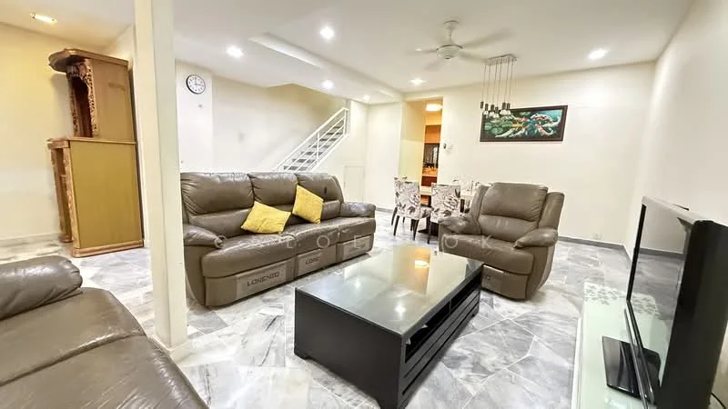 Living features: 3-seater leather sofa in brown, 2-seater leather sofa in brown, yellow decorative cushions, glass coffee table, wall-mounted TV, ceiling fan, marble tile flooring, recessed downlights, decorative wall art, clock on wall, open layout to dining area; style: modern.