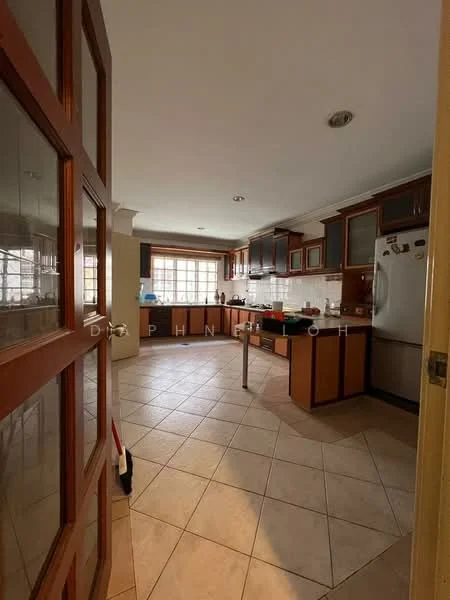 Kitchen features: brown wooden cabinetry, white tiled backsplash, granite countertop, stainless-steel fridge, built-in oven, freestanding range oven, double-bowl stainless-steel sink, chrome pull-down faucet, tile flooring, large window for natural light, recessed downlights, kitchen island with seating; style: traditional.