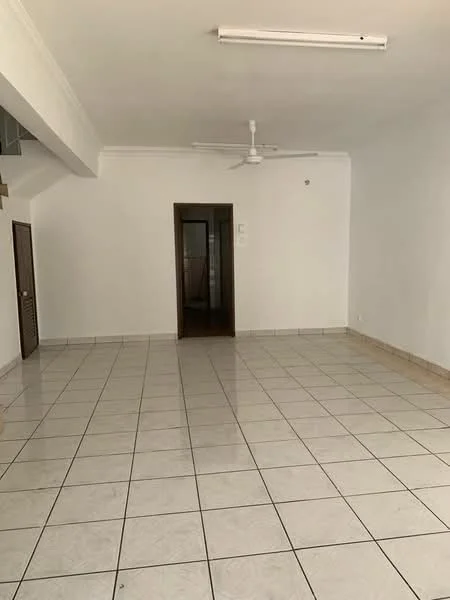 Room features: white painted walls, ceramic tile flooring, ceiling fan, doorway leading to another room, light fixture on ceiling, no visible furniture, neutral color scheme, spacious layout; style: minimalist.