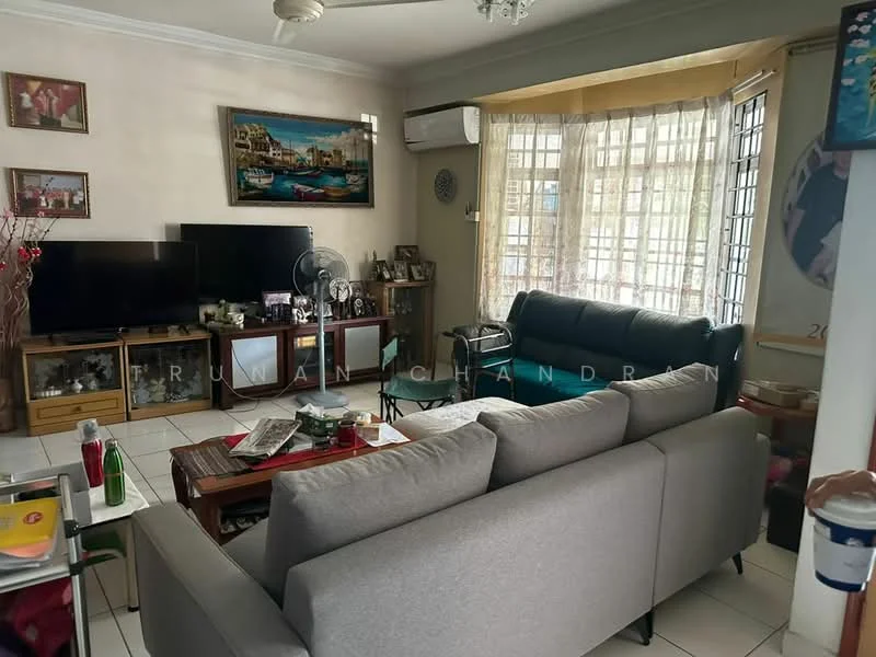 Living features: 3-seater fabric sofa in grey, 2-seater fabric sofa, wood coffee table, TV console, wall-mounted TV, floor-to-ceiling windows, curtains, ceiling fan, air conditioning unit, decorative wall art, framed photographs, wooden shelving unit, area rug, decorative plants; style: contemporary.