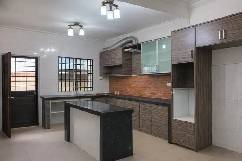 Kitchen features: dark granite countertop, wood cabinetry with a textured finish, open shelving, built-in cabinets, stainless-steel sink, chrome faucet, tile backsplash, ceramic tile flooring, recessed ceiling lights, window with grid pattern, door leading outside, kitchen island; style: modern.