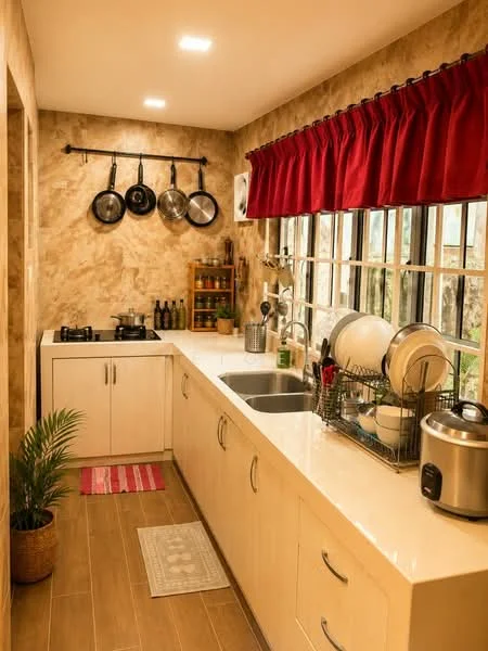 Kitchen features: white cabinetry, marble countertop, single-bowl stainless-steel sink, chrome pull-down faucet, 4-burner gas hob, black pots and pans hanging on wall, window with red curtains, wooden flooring, small indoor plant, dish rack with plates, kettle, area rug with striped pattern, wall-mounted spice rack; style: modern; view: garden.