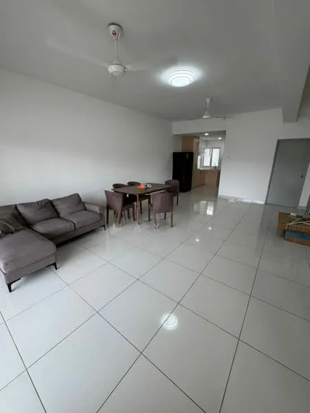 Living features: 3-seater fabric sofa in grey, dining table with 4 chairs, white painted walls, glossy white tile flooring, ceiling fan, recessed ceiling light, floor-to-ceiling windows, open layout, black refrigerator, neutral decor; style: modern.