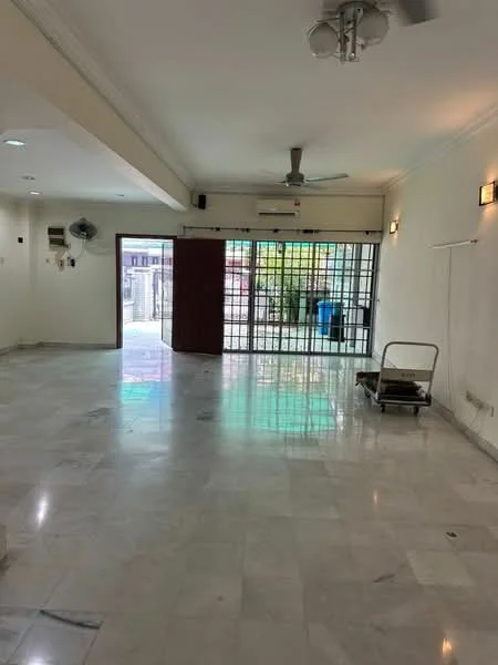 Living features: marble flooring, white painted walls, ceiling fan, recessed downlights, large glass sliding door, metal grilles on windows, wall-mounted air conditioning unit, open layout, natural light from windows, door leading outside, cart on wheels; style: modern; view: garden.